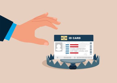 Kimlik tuzağı. Ayı tuzağı ve kimlik kartı veya ehliyet. Övgü. Düz vektör illüstrasyonu