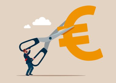 İş adamı avro işaretini kesmek için makas kesiyor. Maliyet indirimi ya da indirimli fiyat. Düz vektör illüstrasyonu.