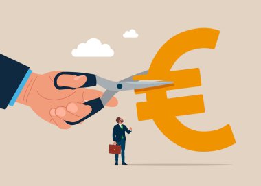 Avro işaretini kesmek için el kesme makası. Maliyet indirimi ya da indirimli fiyat. Düz vektör illüstrasyonu.