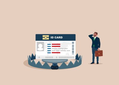 ID card trap businessman. Bear trap and ID card or driver license. Flat vector illustration clipart