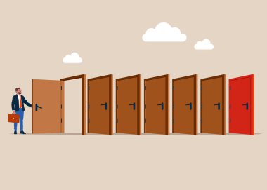 İş adamı kapıyı açıyor, haftanın altı günü çalışıyor, tatilsiz bir işkolik. Giriş, ev, çıkış, meydan okuma, fırsat kavramı için. Düz biçimli modern vektör illüstrasyonu