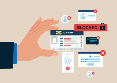 Gizli kimlik kartı. Hacker Siber Saldırısı, Sansür. Düz vektör illüstrasyonu.