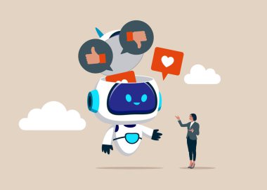 Sosyal medyanın olumlu ve olumsuz geri bildirim görüşünü görmek için robot kafasını açın. Sosyal medya iletişimi. Yapay zeka. Düz vektör illüstrasyonu.