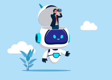 İşadamı, geleceği görmek için dürbün kullanarak robot kafasını açıyor. İş, teknoloji veya yatırım için dünya ekonomik vizyonu. Düz vektör illüstrasyonu