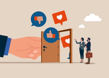 Sosyal medyanın olumlu ve olumsuz geri bildirim vizyonunu görmek için bir kapı açmak. Tartışma, sohbet, toplantı, takım iletişimi. Sosyal medya iletişimi. Vektör illüstrasyonu