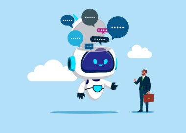 Tartışma, sohbet, toplantı, takım iletişimi. İş adamı robotla konuşuyor, sorular soruyor ve cevaplar alıyor. Al asistan desteği. Yapay zeka. Vektör illüstrasyonu