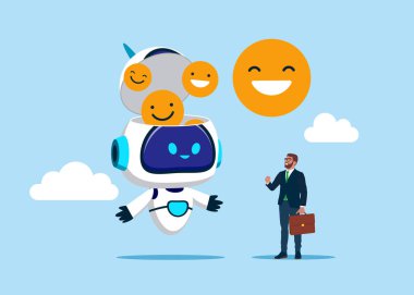 Gülümseyen yüz sembolünü görmek için robot kafasını aç. Çalışanların mutluluğu, iş memnuniyeti, şirket yararları, olumlu tavırlar. Düz vektör illüstrasyonu.