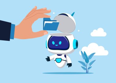 El, açık robot kafasının içine yeni bir klasör koydu. Tasarruf, Açık Banka mevduatı. İş, teknoloji veya yatırım için dünya ekonomik vizyonu. Yapay zeka. Vektör illüstrasyonu