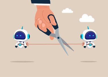 Ortak teknolojinin sonu. El, robotları ayırmak için makas kullanıyor. Düz biçimli modern vektör illüstrasyonu 