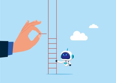 Büyük eller minik robotlara merdiven yapmalarında yardım ediyor. Tırman. Düz vektör illüstrasyonu