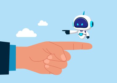 Robot dev elin üzerinde dikiliyor ve zıt yönü gösteriyor. Çalışanların çatışma yönü ve teknolojisi, iş arkadaşı ve cyborg arasındaki tartışma, farklı düşünce, anlaşmazlık ya da ters yol, karar