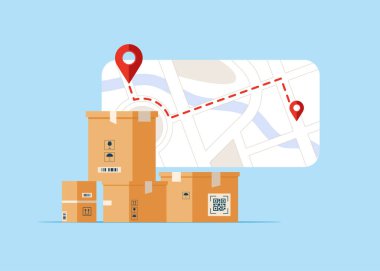 Takip cihazıyla tablet, teslimat takibiyle harita. GPS navigatör işaretçisi. Teslimat servisi. Güvenli konsept. Başarı şirketi. Vektör illüstrasyon düz tasarım.