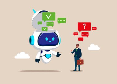 Al asistan desteği. Sohbet robotu, inceleme. Çevrimiçi tartışma, sohbet, toplantı, takım iletişimi, iş arkadaşı sohbeti, görüş. Robotla sohbet etmek, sorular sormak ve cevaplar almak. Vektör