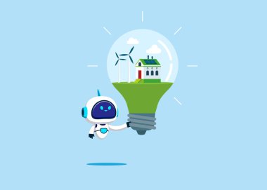 Robot hold home with and clean energy windmill on Light bulb. Green energy technology. Flat vector illustration.  clipart