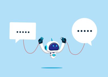 Robot mesaj iletisi arasında soketi bağlar. Tartışma, konuşma, toplantı, takım iletişimi, iş arkadaşı sohbeti, görüş. Vektör illüstrasyonu.
