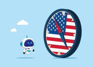 Robot pusula ile ABD bayrağını taşıyor. Başkanlık seçimlerinden sonra Dünya ve ABD 'nin ekonomik yönetimi, ABD Federal Rezerv yönetimi. Düz vektör illüstrasyonu
