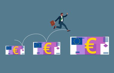 Avro banknotlarıyla arka arkaya çalışan insan eli. Kapsamlı finansal ya da ekonomik büyüme. Borsadan ya da yatırımdan kazanç. Vektör illüstrasyonu.