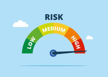 Yüksek riskli bir metrede işaretli ok. Hız göstergesi yüksek, orta, düşük. Modern düz vektör illüstrasyonu.