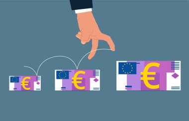 Avro banknotlarıyla arka arkaya çalışan insan eli. Kapsamlı finansal ya da ekonomik büyüme. Borsadan ya da yatırımdan kazanç. Vektör illüstrasyonu.