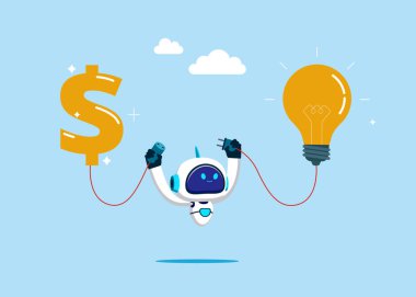 Robot bağlı ampul ve dolar. Başlangıç ve şirket için finansal destek. Düz biçimli modern vektör illüstrasyonu
