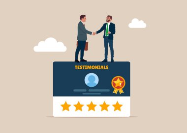 El sıkışan iki iş adamı. Müşteri geri bildirimi. 5 yıldızlı değerlendirme, olumlu yorum, kaliteli servis. Düz biçimli modern vektör illüstrasyonu