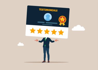 Tepedeki şahısta referans kartı olan bir iş adamı. Tanıklık istemcisi değerlendirmesi, müşteri övgü veya görüşü veya geri bildirim 5 yıldız notu, mesaj veya olumlu yorum, kalite servisi. 