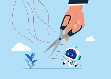 Robot kukla manipülasyonu. Kuklacı ile kukla cyborg arasındaki iplikleri makasla keser. Düz vektör illüstrasyonu