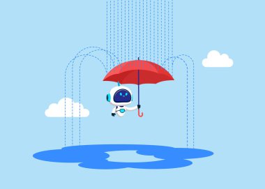Yağmur fırtınasından korumak için şemsiyeli robot. Kötü şansla başa çıkmak, iş hatasından ya da ekonomik durgunluktan, güvenlikten ya da sigortadan korumak. Düz vektör illüstrasyonu.