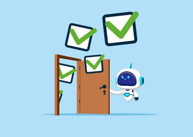 Robot teslimat için bir kapı açıyor, liderlik becerisi ya da iş sorumluluğuna güven. Düz biçimli vektör illüstrasyonu.