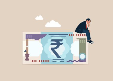 Düşünceli iş adamı Rupi parasıyla nereye yatırım yapacağını düşünüyor. Para kararı, mali planlama veya yatırım stratejisi, kar ve zarar, gider veya vergi kavramını düşünmek.