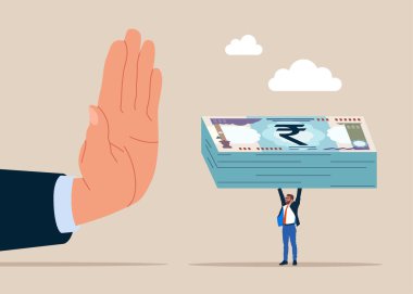 İşadamı yasa dışı para banknotlarını almayı reddediyor. Adam rüşvet kabul etmiyor, Euro 'yu reddediyor. Düz vektör illüstrasyonu