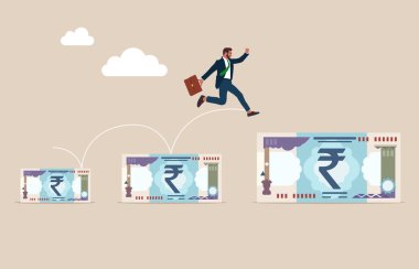 Peş peşe düzenlenmiş banknotlarla çalışan bir iş adamı. Kapsamlı finansal ya da ekonomik büyüme. Borsadan ya da yatırımdan kazanç. Düz vektör illüstrasyonu.