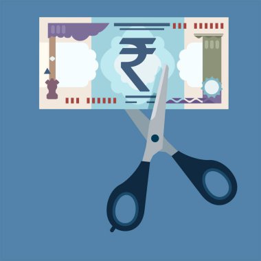 Rupi banknotlarını kesmek için makas kesiyorum. Parayı bölüşür, karı paylaşırız. Maliyet indirimi ya da indirimli fiyat. Düz vektör illüstrasyonu.