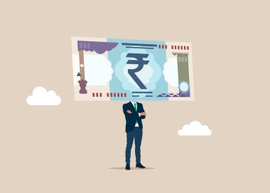 Omzunda bir kafa yerine bir rupi banknotla bir iş adamı. Para kararı, mali planlama veya yatırım stratejisi, kar ve zarar, gider veya vergi kavramını düşünmek.