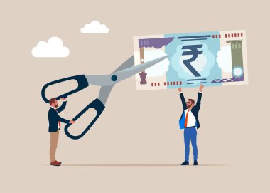 İşadamları kesiyor makası Rupi banknotları kesmek için. Parayı bölüşür, karı paylaşırız. Düz vektör illüstrasyonu.