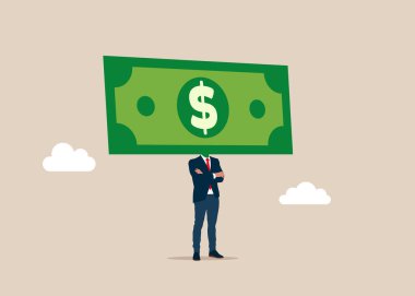 Omzunda bir kafa yerine bir dolar banknotla bir iş adamı. Para kararını, mali planlamayı veya yatırım stratejisini, kar ve zararı, gider veya vergiyi düşünmek. Vektör illüstrasyonu