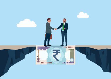 İş adamları anlaşma bittikten sonra para banknotları üzerinde el sıkışırlar. Ekonomik uçuruma köprü kuran Rupi para faturasında yardım eli uzatan kişi, iş adamlarına mali zorlukların üstesinden gelmede yardımcı oluyor. 