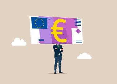 Avro banknotu olan bir iş adamı. Omuzlarında bir kafa yerine. Para kararını, mali planlamayı veya yatırım stratejisini, kar ve zararı, gider veya vergiyi düşünmek. Düz vektör illüstrasyonu