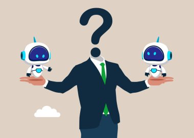 Dev el üzerinde duran minik robotlar. Çalışanların çatışma yönü, iş arkadaşları arasındaki tartışma, farklı düşünceler, anlaşmazlıklar veya zıt yönler. Düz vektör illüstrasyonu