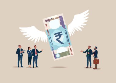 Kuş gibi kanatları olan bir banknot. Yatırım, servet, harcama, enflasyon ve tasarruf kaybı kavramı. Düz vektör illüstrasyonu