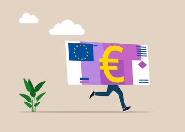 Ceset yerine Avro banknotu işletmek komik. Para kararını, mali planlamayı veya yatırım stratejisini, kar ve zararı, gider veya vergiyi düşünmek. Düz vektör illüstrasyonu