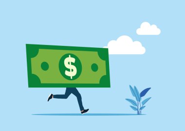 Ceset yerine komik bir dolar banknotu. Para kararını, mali planlamayı veya yatırım stratejisini, kar ve zararı, gider veya vergiyi düşünmek. Düz vektör illüstrasyonu