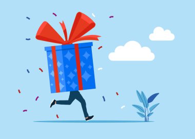 Vücut yerine kırmızı fiyonklu komik hediye kutusu. Düz biçimli modern vektör illüstrasyonu 