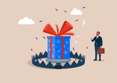 İşadamı kırmızı kurdeleli bir hediye kutusu yakalamaya çalışıyor. Aldatma ya da aldatma. Düz biçimli modern vektör illüstrasyonu 