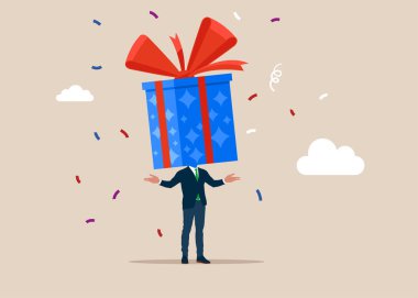 Omzunda kafa yerine kırmızı fiyonklu hediye kutusu olan bir iş adamı. Düz biçimli modern vektör illüstrasyonu 