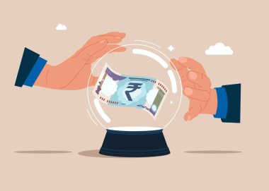 Rupi banknotlu kristal sihirli küre. İş tahminleri, yatırım borsası tahminleri. Vektör illüstrasyonu