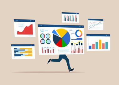 Komik adam vücut yerine tarayıcı kullanıyor. Grafik ve grafiği analiz et. İş veri analizi araştırma ve yatırım planlamasını finanse ediyor. Düz vektör illüstrasyonu.