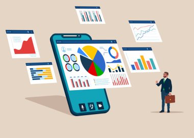 Rapor panelinde analiz ve izleme. Ticari finansal planlama için veri analizi araştırması. Vektör illüstrasyonu