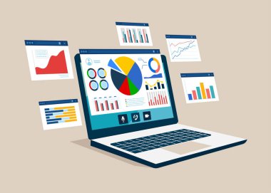 Grafik ve grafiği analiz et. İş veri analizi araştırma ve yatırım planlamasını finanse ediyor. Düz vektör illüstrasyonu