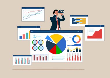 Adam, iş veri analizi araştırması ve yatırım planlamasını görmek için dürbün kullanarak grafik ve grafiği analiz ediyor. İş fırsatı, yeni bir çözüm ya da fikir keşfetme vizyonu, merak